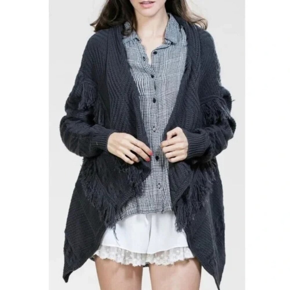 Lucky Brand Women Fringe Waterfall Open Front Cardigan Sweater Sz S Gray 5626